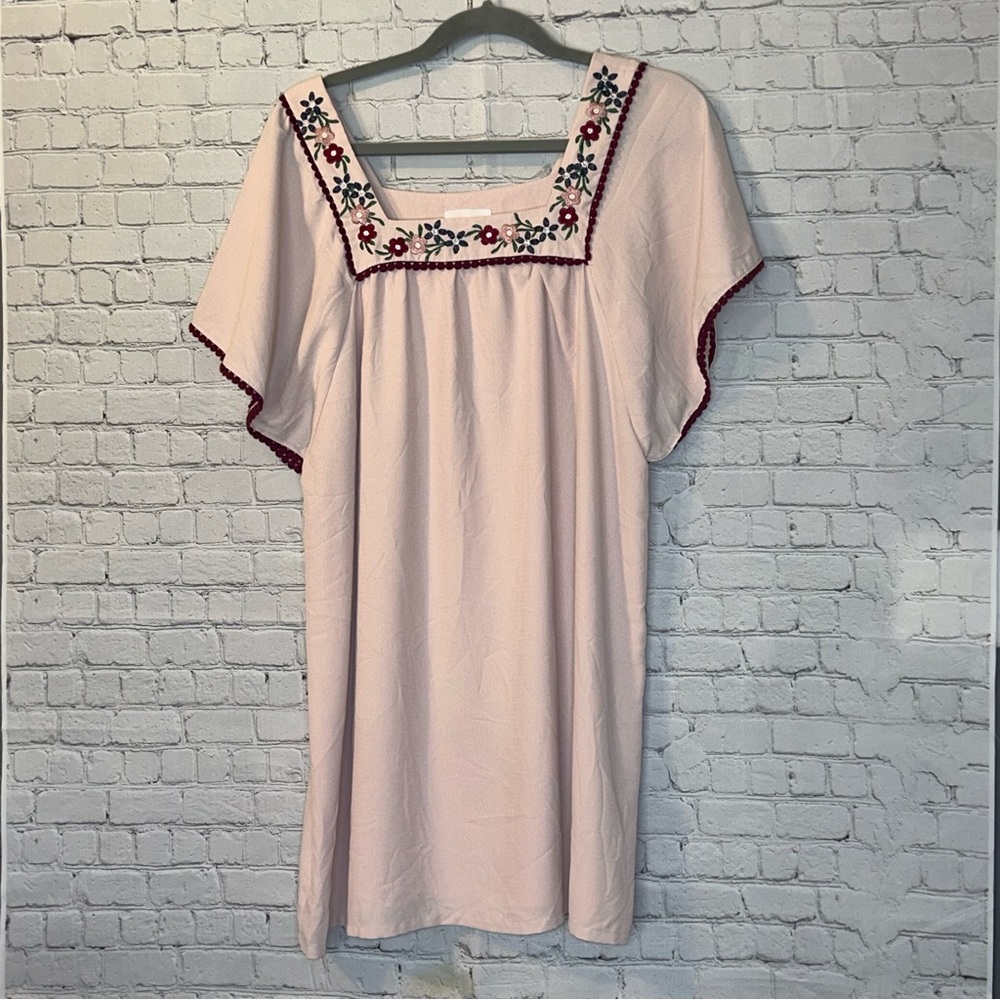 Sugarlips Light Pink Embroidered Square Neck Dress with Burgundy Trim